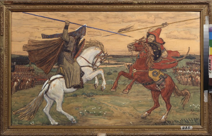 Single combat of Peresvet and Temir-murza on the Kulikovo Field in 1380 à Viktor Michailowitsch Wasnezow