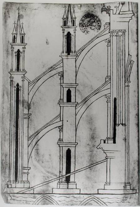 Ms Fr 19093 f.32v Section of the wall and arch of the absidial chapels of Reims Cathedral (facsimile à Villard  de Honnecourt