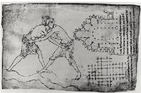 Ms.Fr.19093 fol.14v Two wrestlers, plan of a Cistercian church and plan of the choir of Notre-Dame d