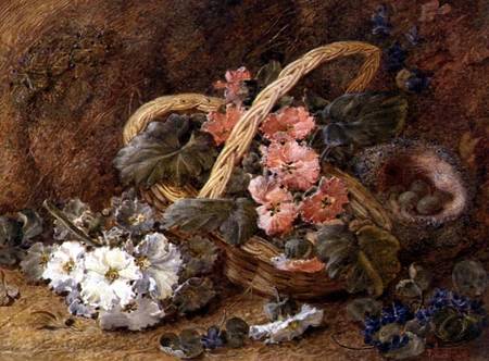 A bird's nest and a basket of flowers à Vincent Clare