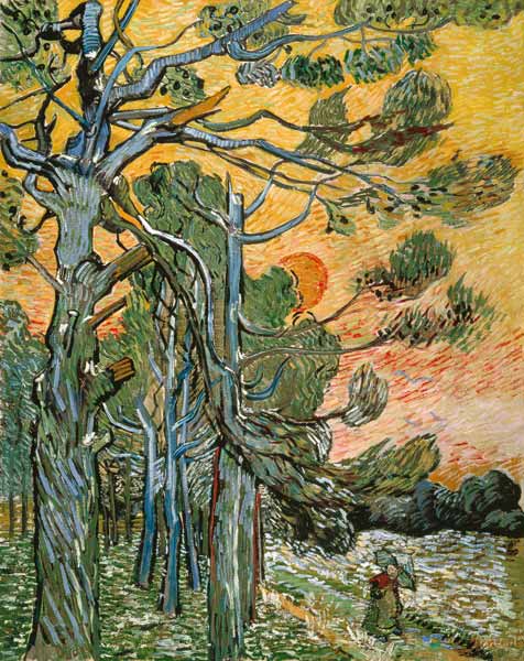 pins sous le soleil couchant et le personnage féminin à Vincent van Gogh