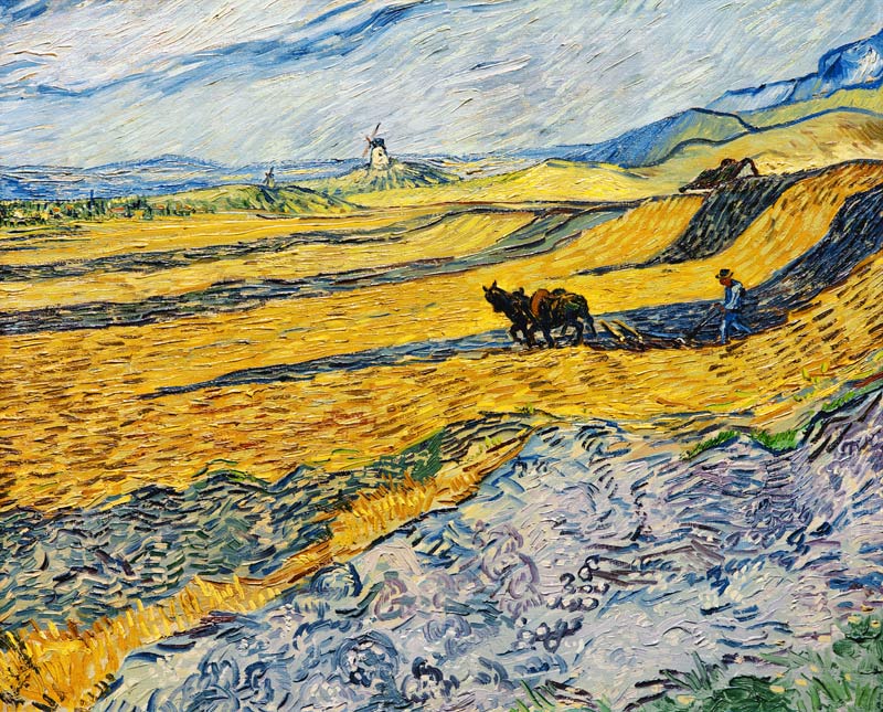 Champ avec paysan labourant et le moulin à Vincent van Gogh