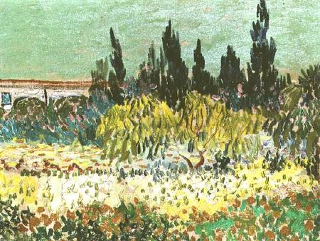 The Garden at Arles, detail of the cypress trees à Vincent van Gogh