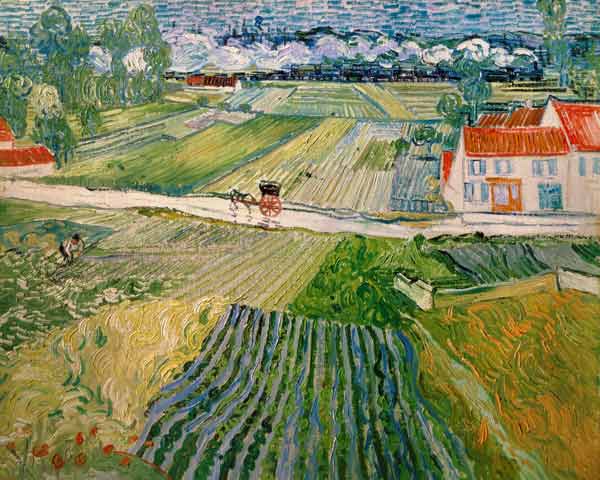 Paysage avec des voitures attelées et le train dans l'arrière-plan à Vincent van Gogh