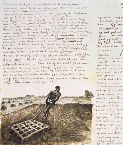 Man pulling a harrow (pen) à Vincent van Gogh