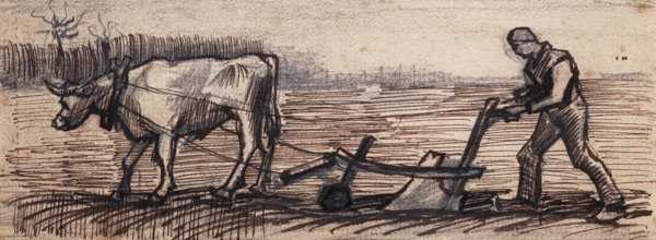 At the Plough, from a Series of Four Drawings Symbolizing the Four Seasons (pencil, pen and brown à Vincent van Gogh