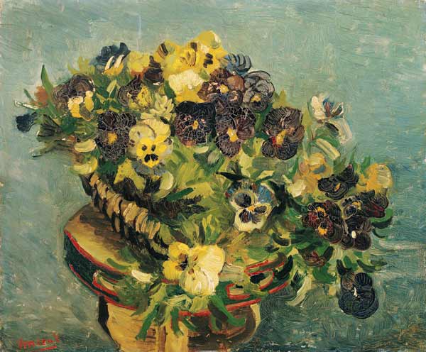 Basket of pansies on a small table à Vincent van Gogh