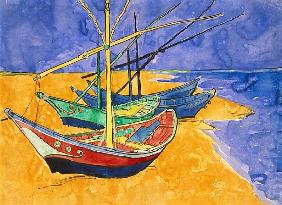 Fishing Boats on the Beach at Saintes-Maries-de-la-Mer (pen & ink with w/c on pa