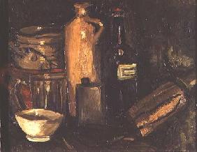 Still life with pots, bottles and flasks