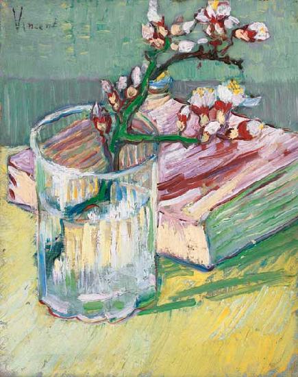 Nature morte avec branche d'amandier en fleurs