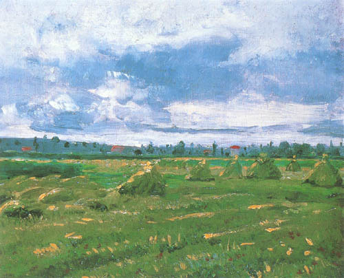 champ de blé avec fauchage et moissonnage à Vincent van Gogh