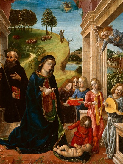 Adoration of the Child with St. Benedict and Angels à Vincenzo Foppa