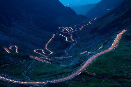 Light trails on the highest mountain road in Romania, Fagaras mountains