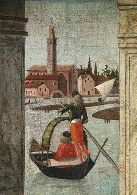 The Arrival of the English Ambassadors, from the St. Ursula Cycle, detail of a gondola, 1490-96 (oil à Vittore Carpaccio