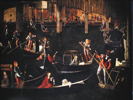 Gondoliers on the Grand Canal, detail from The Miracle of the Relic of the True Cross on the Rialto à Vittore Carpaccio