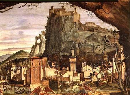 Sacre conversazione, detail of the town and castle in the background à Vittore Carpaccio