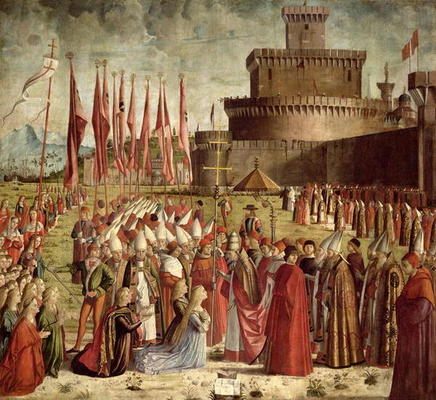 The Pilgrims Meet Pope Cyriac before the Walls of Rome, from the St. Ursula Cycle, 1498 (oil on canv à Vittore Carpaccio