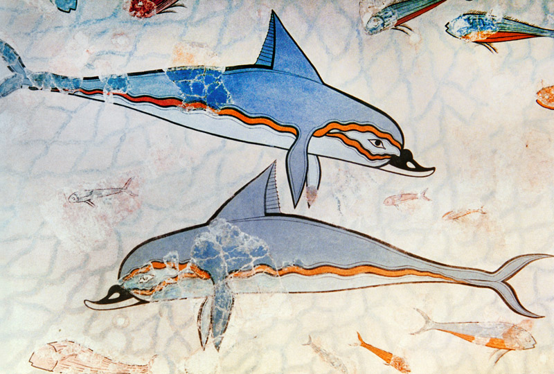 Detalle de dos de los delfines que forman parte del panel marino que decora el megarón. à Vittorio Zecchin