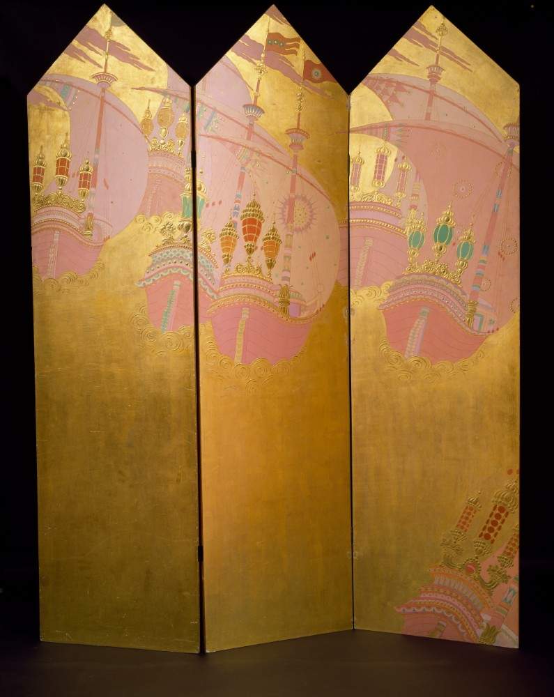 Art deco screen in gilded wood with polychrome galleons, by Vittorio Zecchin à Vittorio Zecchin