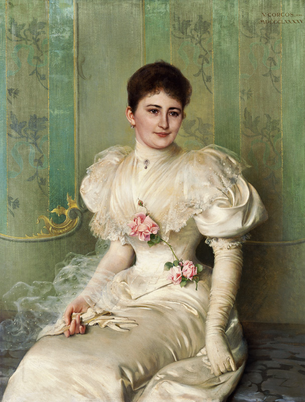 Portrait einer Dame in einem weißen Kleid à Vittorio Matteo Corcos