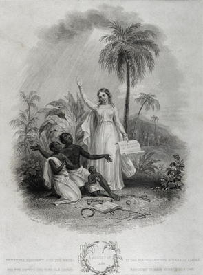 Britannia Giving Freedom to Poor African Slaves, engraved by J. Bridgens, 1838 (engraving) à W. Green