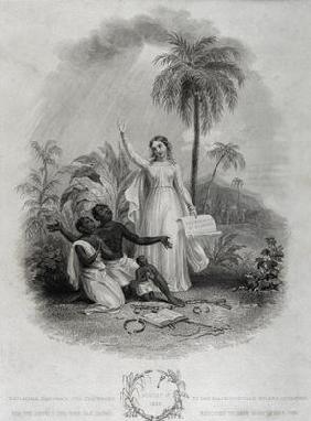 Britannia Giving Freedom to Poor African Slaves, engraved by J. Bridgens, 1838 (engraving)