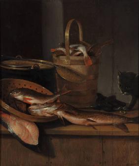 Still life with fish and a cat