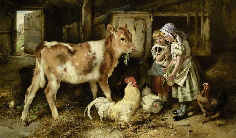 Un veau et des poulets  nourrissent des enfants à Walter Hunt