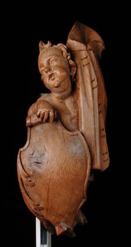 Carved putto with shield and cape à Walter Pompe