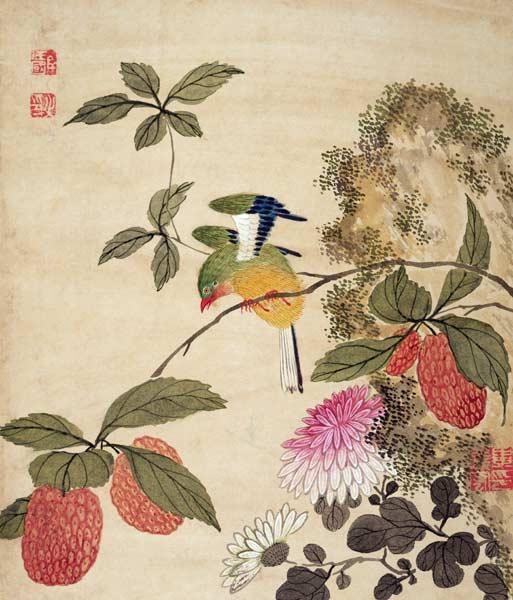 One of a series of paintings of birds and fruit