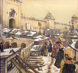 Buchläden auf der Spaskij-Brücke in Moskau im 17. Jahrhundert. à Apolinarij Wasnezow