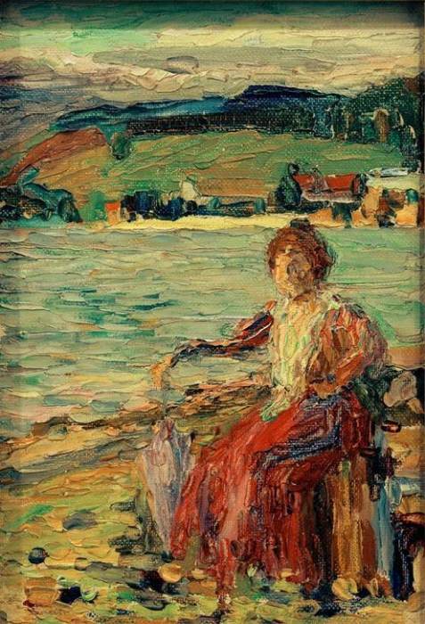 Lady in Red Dress at the Lakefront à Vassily Kandinsky