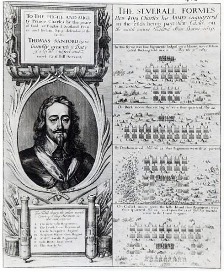 Portrait of King Charles I with diagrams showing the formation of his troops during the Bishops'' Wa à Wenceslaus Hollar