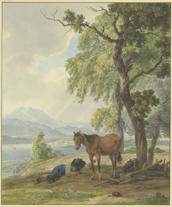 Ruhender Bauer mit seinem Pferd neben dem gepflügten Acker à Wilhelm Alexander Wolfgang von Kobell
