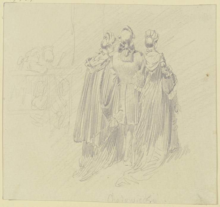 Rokokokavalier mit zwei Damen in Rückenansicht à Wilhelm Busch