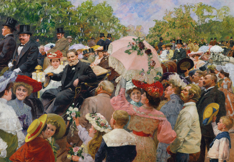 Karl Lueger, Bürgermeister von Wien, in der Kutsche beim Blumenkorso im Prater. à Wilhelm Gause