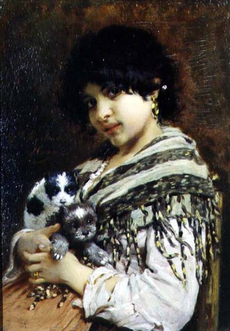 Gypsy Girl with Two Puppies à Wilhelm Johannes Maertens