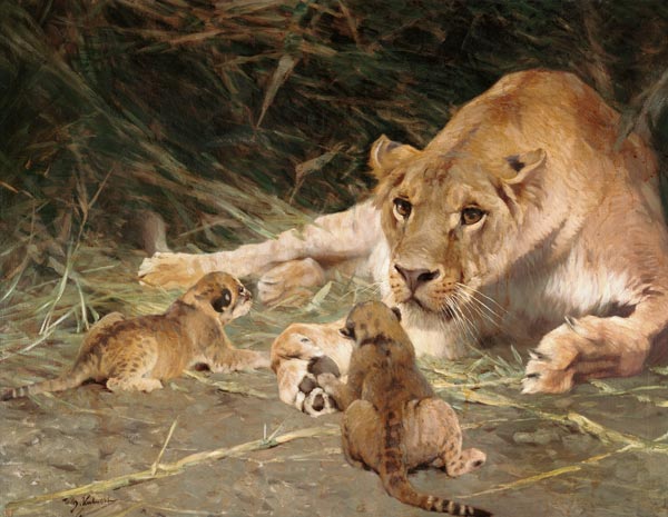 A Lioness and Her Cubs à Wilhelm Kuhnert