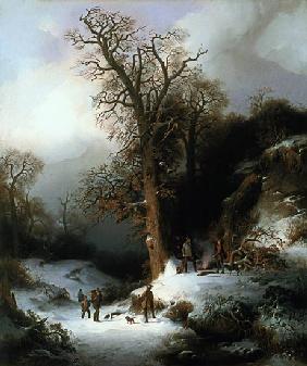 Scène de chasse dans un paysage d'hiver.