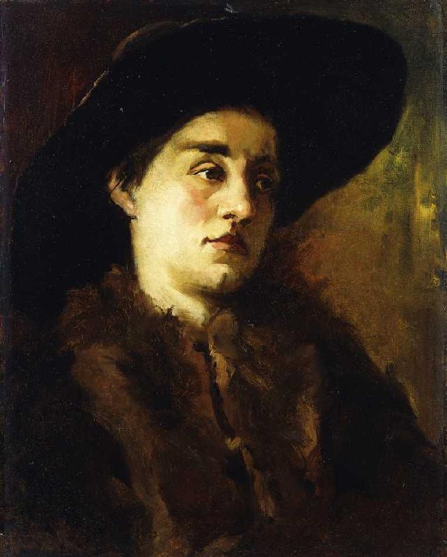 Bildnis einer Dame mit Pelzkragen und schwarzem Hut. à Wilhelm Trübner