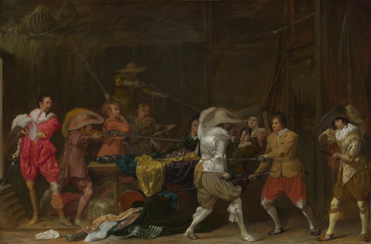 Soldiers fighting over Booty in a Barn à Willem Cornelisz Duyster