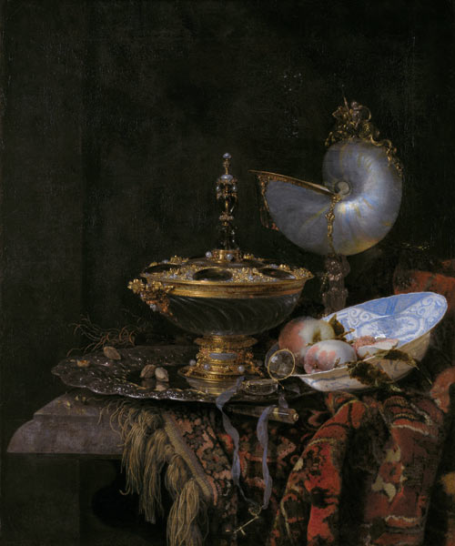 Pronk Still Life with Holbein Bowl, Nautilus Cup, Glass Goblet and Fruit Dish à Willem Kalf