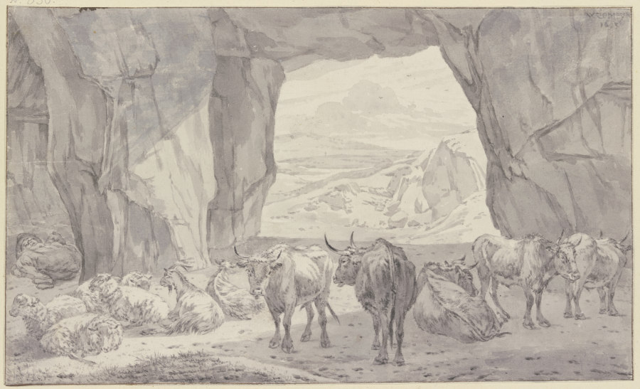 Fünf Ochsen, vier Schafe und zwei Ziegen bei dem schlafenden Hirten in einer Höhle à Willem Romeyn