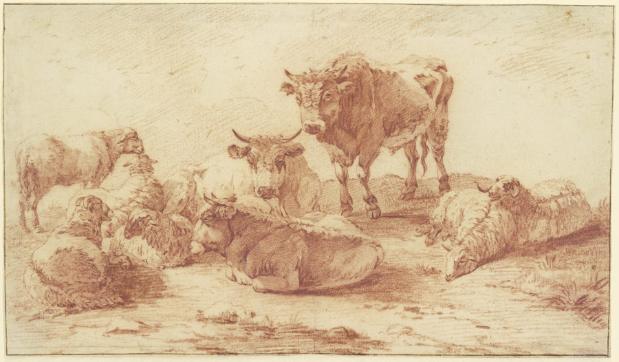 Gruppe von drei Ochsen und sechs Schafen à Willem Romeyn