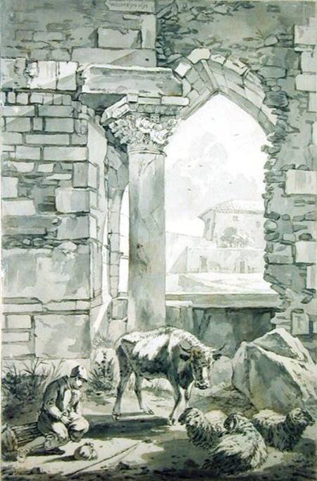 Shepherd with a cow and sheep in a ruin à Willem Romeyn