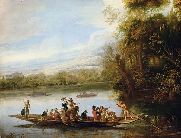 A landscape with a crowded ferry crossing the water in the foreground à Willem Schellinks