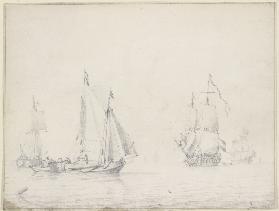 Links drei Barken, rechts zwei größere Schiffe unter vollen Segeln