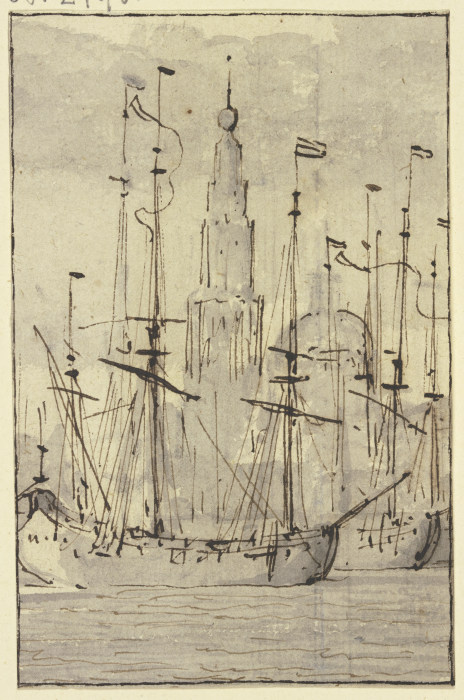 Schiffe, vor einer Kirche liegend à Willem van de Velde le Jeune