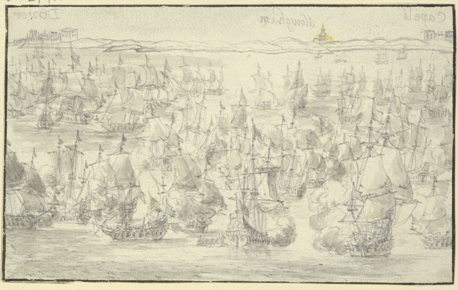 Seeschlacht, in der Ferne die englische Küste bei Dover, rechts zwei weitere Städte à Willem van de Velde le Jeune