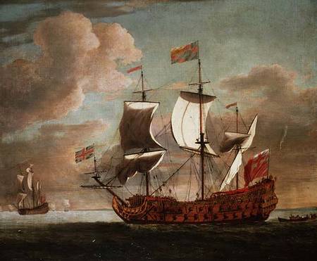 The British man-o'-war `The Royal James' flying the royal ensign off a coast à Willem van de Velde le Jeune